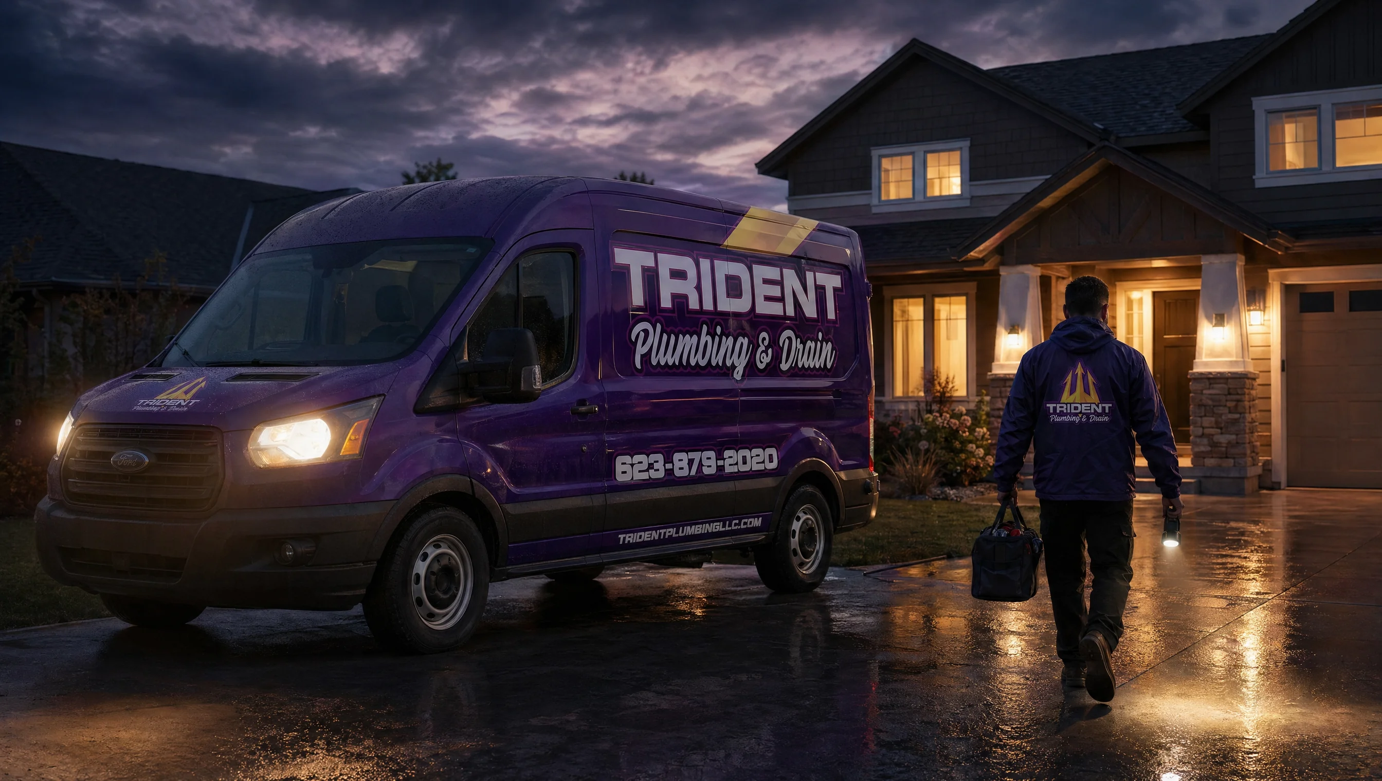 Trident Plumbing van arriving for an emergency call