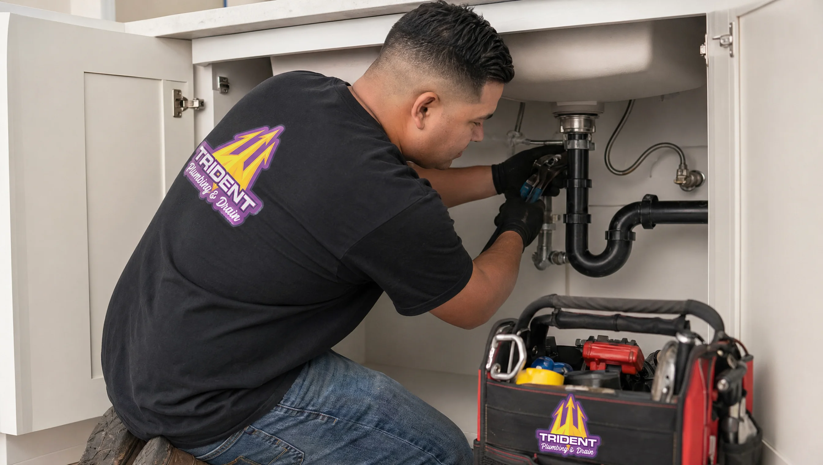 A Trident plumber on an emergency call under a kitchen sink in Greater Phoenix