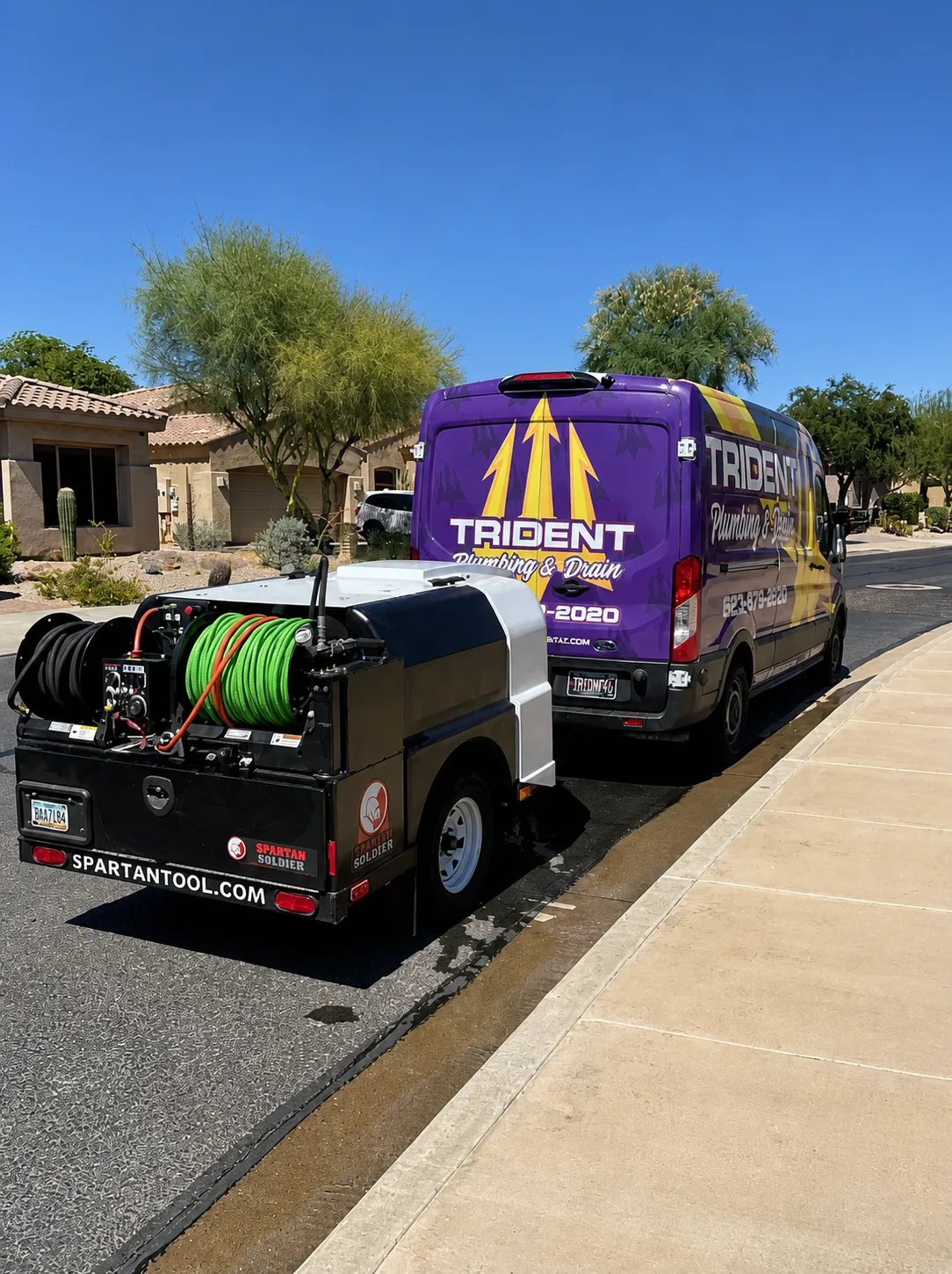 Trident Plumbing hydro jetting van and trailer servicing a Greater Phoenix neighborhood